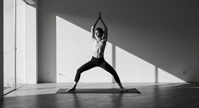 Serene monochrome studio scene shows a woman gracefully practicing yoga in warrior pose with sunlight streaming in.