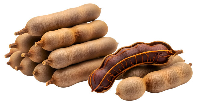 Tamarind Fruits Stacked Neatly with One Open Pod Revealing Pulp on Transparent Background