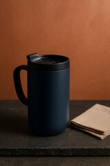A navy blue coffee mug with a black lid and handle sitting on a dark surface next to a folded napkin. The mug is sleek and modern.