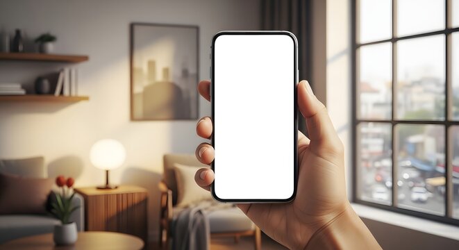 Hand holds a mobile device mockup with a blank screen indoors with warm lighting.
