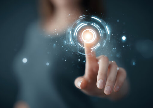 A human hand touching a circular diagram on the touch screen interface. Abstract technology background, concept of innovation, digital technology, network, big data, metaverse. 
concept