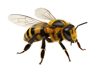 High-Resolution 3D Render of a Honeybee in Flight, Detailed Texture, Black Background, Scientific Illustration, Nature, Insect, Pollination, Close-up, Macro Photography, Realistic, Studio Shot.