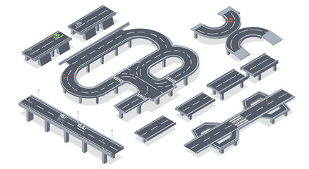 Fototapeta premium Isometric highway set with intersections and overpasses for urban planning design