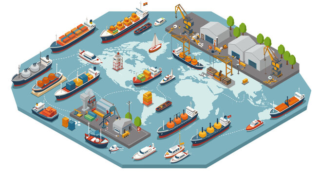 Global shipping industry with cargo ships and dockyard in isometric style
