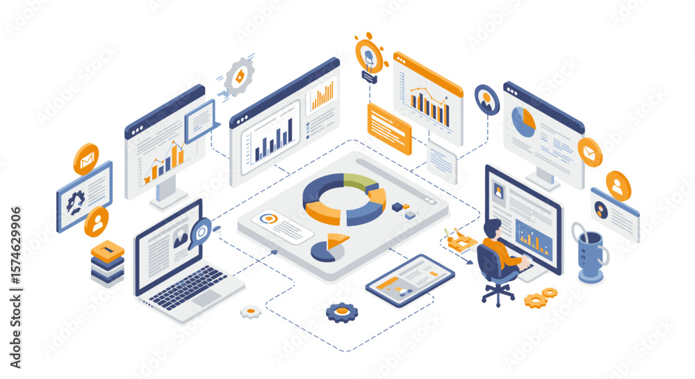 Poster isometric data analytics workspace with charts and computers