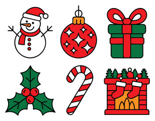 Pixel Art Christmas Icons: Snowman, Ornament, Gift, Holly, Candy Cane, Fireplace