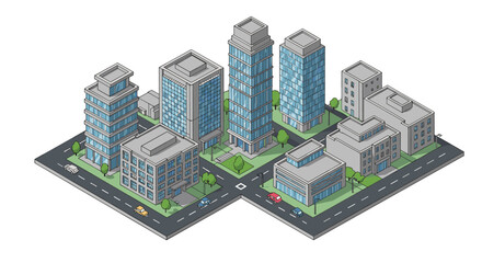 Isometric urban cityscape with modern buildings and streets