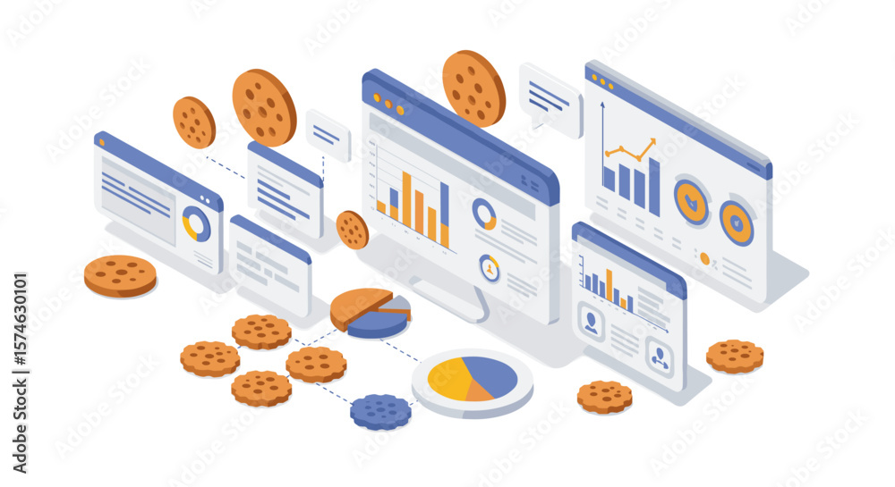 Poster isometric digital analytics with cookie data and graphs in modern interface