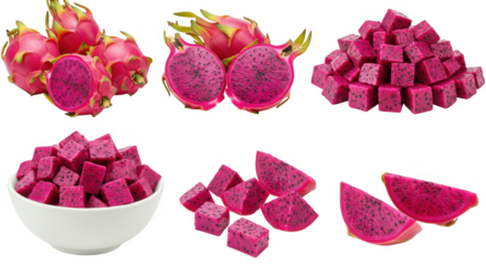 Arrangement of dragon fruit pieces isolated on transparent background