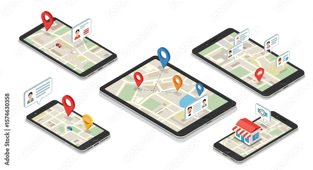 Poster mobile map navigation in isometric style featuring location pins and user profiles