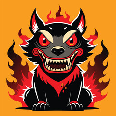 Fiery wolf with sharp teeth and red eyes fire flames