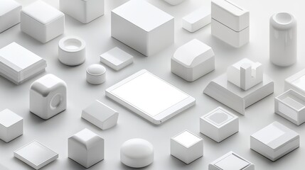 Assorted white geometric shapes arranged on a light background.