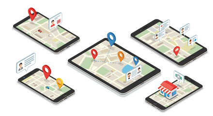 Mobile map navigation in isometric style featuring location pins and user profiles