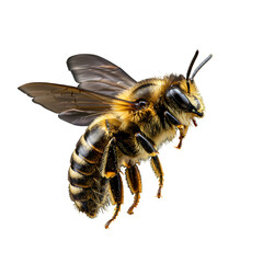 High-resolution macro photograph of a honeybee in flight, isolated on black background; detailed texture, vibrant colors, dramatic lighting, showcasing intricate wing structure and body hairs.