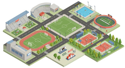 Modern isometric sports complex with diverse athletic facilities and urban landscaping © Maureen