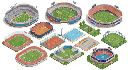 Isometric sports facilities collection with stadiums and courts in 3d design