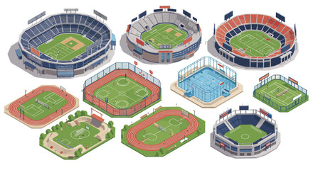 Isometric sports stadiums collection: baseball, soccer, swimming, tennis, track fields © Maureen