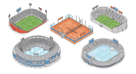Isometric sports arenas: football, tennis, basketball, swimming, ice hockey © Maureen