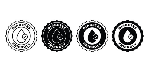 Diabetes Friendly Icon Set Black and White Circular Seals with Water Drop and Check Mark Vector Design Template