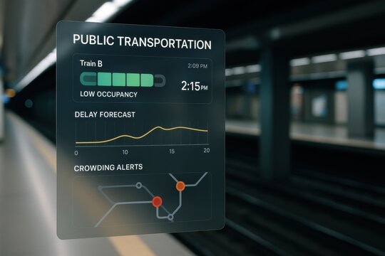 Public Transportation Interface Showing Train Delay Forecast, Occupancy Level, and Crowding Alerts in Metro Station
 - Powered by Adobe