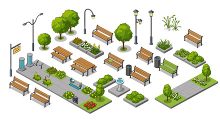 Isometric outdoor park elements with benches, trees, and pathways