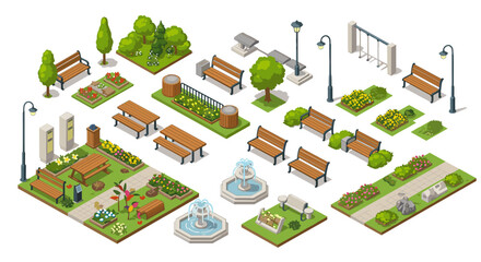 Isometric urban park elements with benches, trees, and fountains for design projects