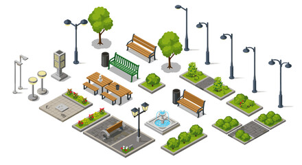 Isometric urban park elements: benches, street lamps, trees, and pathways for landscape design © Maureen