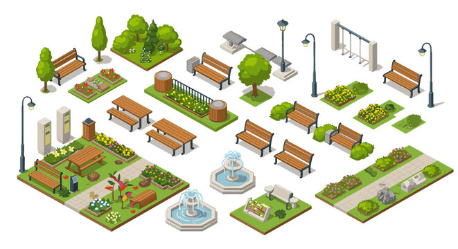 Isometric urban park elements with benches, trees, and fountains for design projects