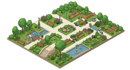 Lush isometric park scene with benches, fountains, and pathways