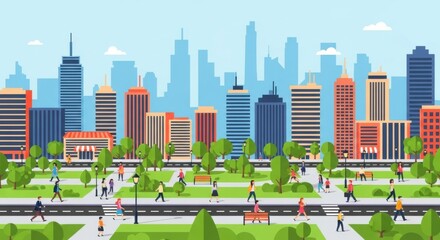 Vibrant City Park with Pedestrians and Modern Skyscrapers