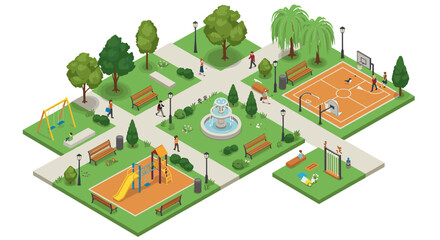 Isometric city park with playground, fountain, and basketball court