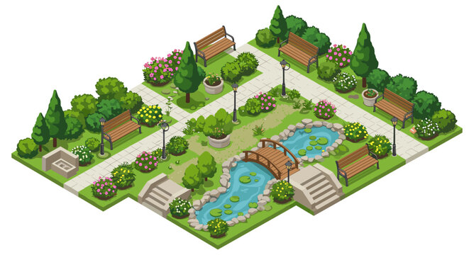 Charming isometric garden park with benches, pond, and lush greenery in bloom