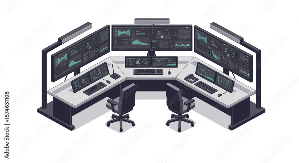 Poster advanced isometric control room with multiple monitors and data charts for technology management