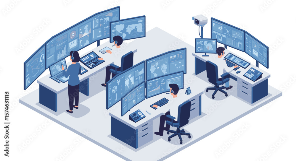 Poster modern control room with team monitoring multiple screens in isometric style
