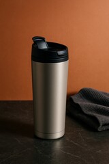 Obraz premium Sleek insulated stainless steel travel mug with black lid on table
