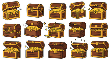 Treasure chest collection with gold coins in cartoon style © Maureen