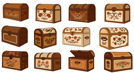 Vintage floral treasure chests collection with detailed wooden designs