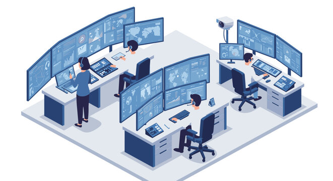 Modern control room with team monitoring multiple screens in isometric style