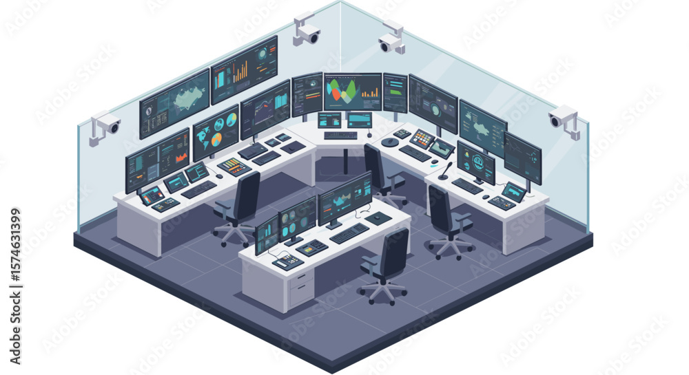 Poster modern control room with multiple display screens and security cameras in isometric view
