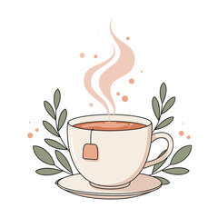 Cup of steaming tea with tea bag and green leaves in pastel colors  