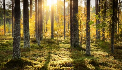 Obraz premium finnish autumn forest with warm sunlight shining on golden leaves