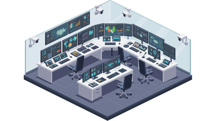 Modern control room with multiple display screens and security cameras in isometric view