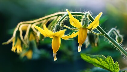 delicate yellow flowers of tomato plant in early growth stages