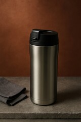 Stainless steel mug tumbler on rustic table