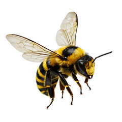 A detailed closeup of a fuzzy bee with intricate wings, captured midflight against a stark transparent background