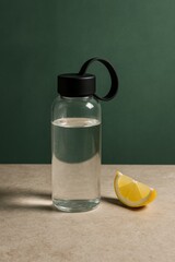 A refreshing glass of water with a lemon slice next to it. The scene exudes a sense of cleanliness and healthy living. 