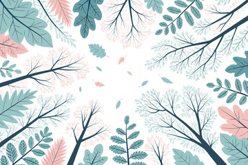 Leaves and branches viewed from below against a white background  