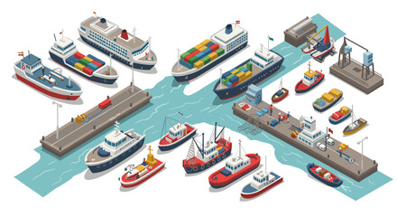 Naklejka premium Isometric maritime transport scene with cargo and passenger ships in busy port
