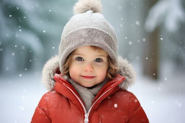 Happy child smiling under snowfall, wearing winter clothes