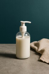 A bottle of liquid soap on a gray surface, ready for use, accompanied by a washcloth